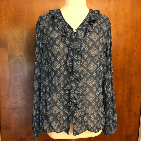 Sheer Front Ruffle Blue Print Blouse - Picture 4 of 6